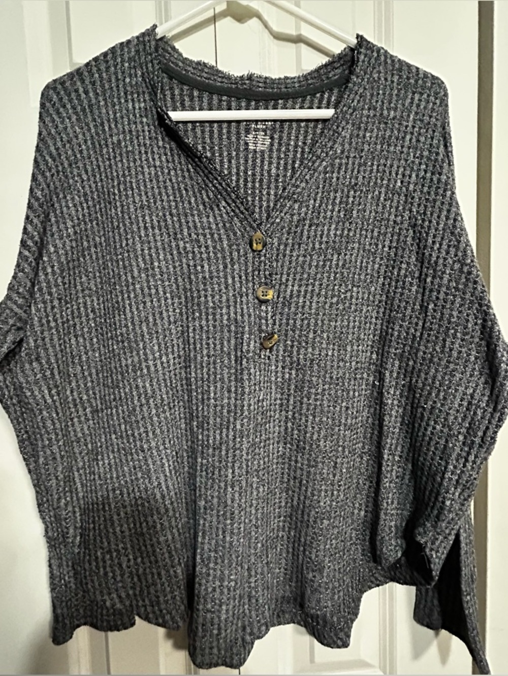 American Eagle Outfitters Dark Gray Waffle V-Neck Sweater with Button Placket